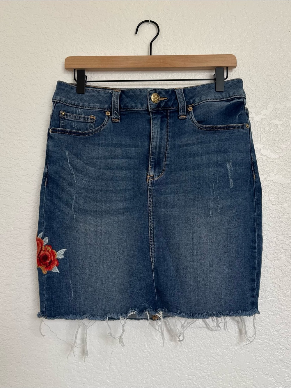 Seven7 Embroidered Distressed Denim Mini Skirt